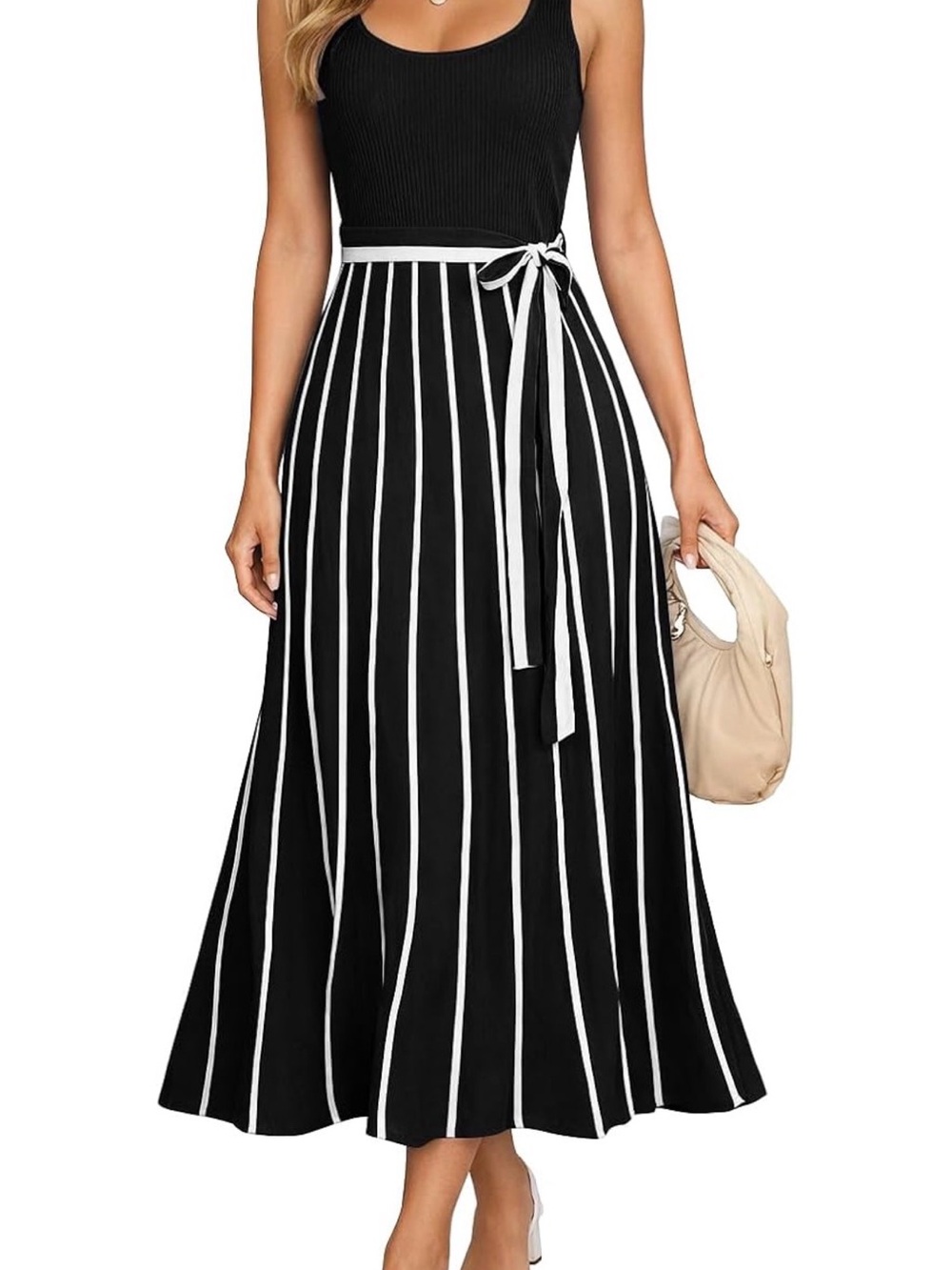 Black & White Striped Tie-Waist Midi Sweater Dress